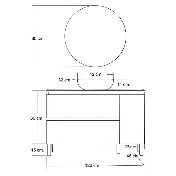 Artysan Conjunto de mueble de baño Oval - Ancho: 120 cm, Nature, 4 pzs. - Dibujo técnico de un lavabo con espejo redondo, dimensiones indicadas en cm. El lavabo está montado sobre la placa.