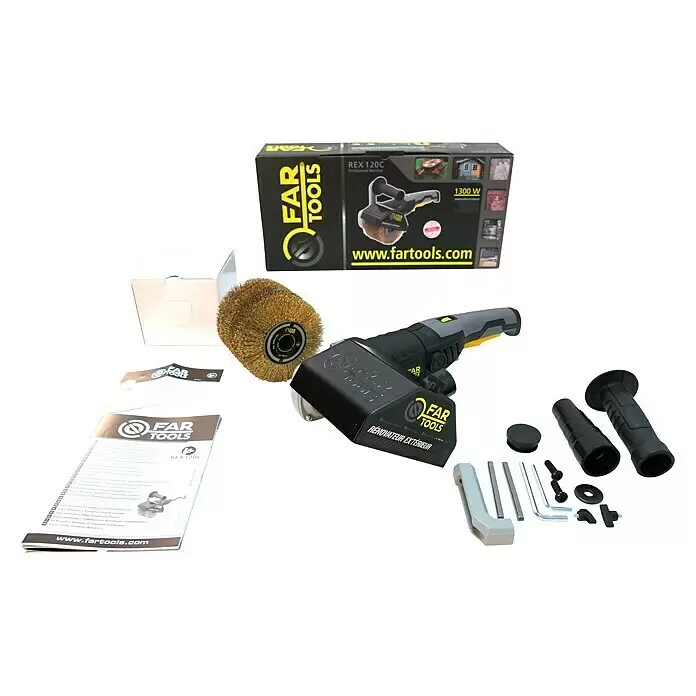 Fartools Lijadora multifunción eléctrica  REX 120D - 1.300 W - Una máquina renovadora FAR TOOLS REX 120C negra y amarilla con cepillo de alambre de latón, dos mangos, pequeñas herramientas, caja y manual.