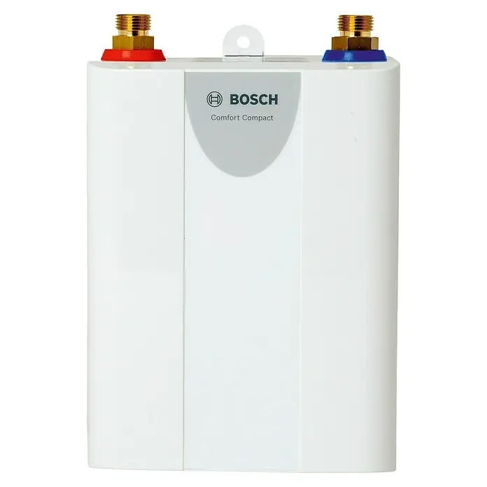 Bosch Kleindurchlauferhitzer Tronic Comfort Compact - 3,5 kW, Hydraulisch, Geschlossen - Nahaufnahme eines Bosch Comfort Compact Warmwasserbereiters. Kompaktes Design, ideal für kleine Räume.
