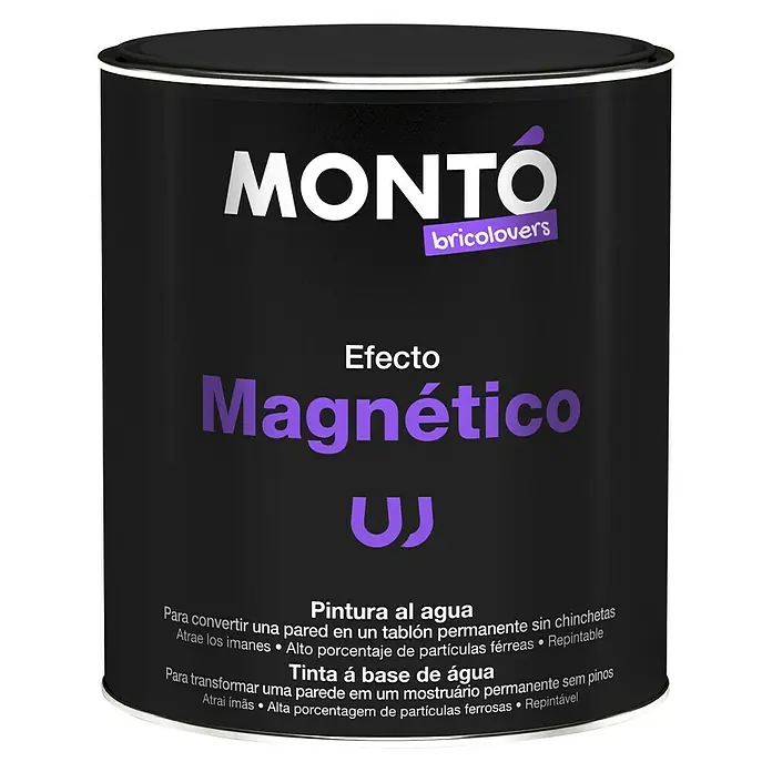 Montó Bricolovers Pintura magnética - Gris, 750 ml - Bote de pintura magnética Montó "bricolovers": Transforma paredes en superficies magnéticas, alta concentración de partículas de hierro, repintable.