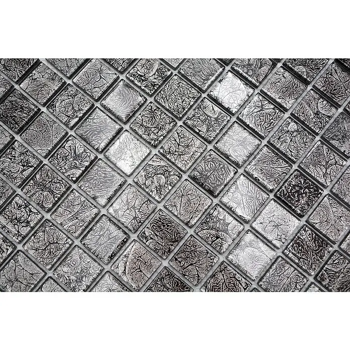 Mosaikfliese Quadrat Crystal Uni CM 4BL12 - 30 x 30 cm, Schwarz, Glänzend - Nahaufnahme eines Musters aus grauen Glasmosaikfliesen mit einzigartigen Rissmustern, ideal für Wandverkleidungen und dekorative Oberflächen.