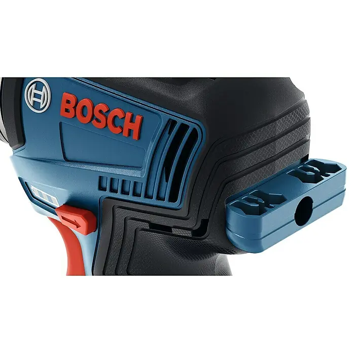 Bosch Professional Akku-Bohrschrauber GSR 12V-35 - 12 V, 2 Akkus, 3 Ah - Nahaufnahme einer Bosch-Bohrmaschine, die Details wie Belüftungsöffnungen, Logo und einen Werkzeughalter zeigt.