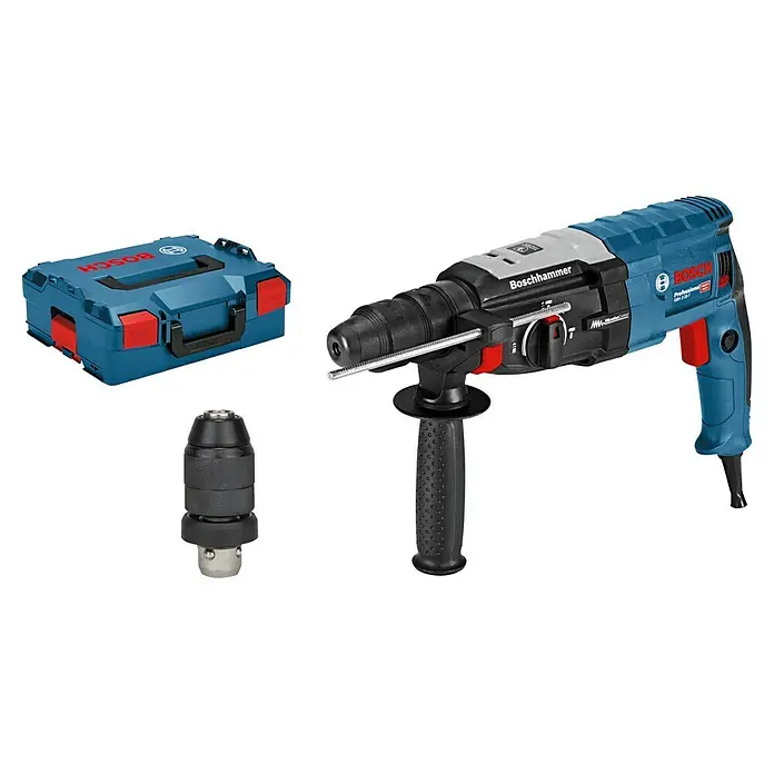 Bosch Professional Kombihammer GBH 2-28 F - 880 W, 3,2 J, SDS-Plus-Aufnahme, Ohne Bohrer & Meißel - Abbildung einer Boschhammer-Bohrmaschine mit Zubehör in einem blauen Bosch-Werkzeugkoffer.