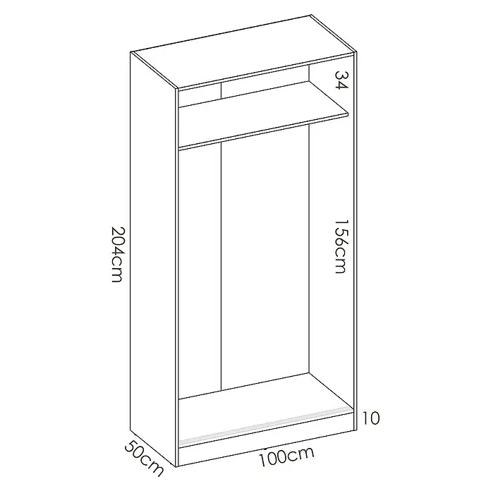 Dekit Armario de puertas correderas Slide Plus - L x An x Al: 50 x 100 x 204 cm, Natural - Ilustración de un armario con dimensiones altura 204cm, ancho 100cm, profundidad 50cm y un compartimento superior de 34cm.