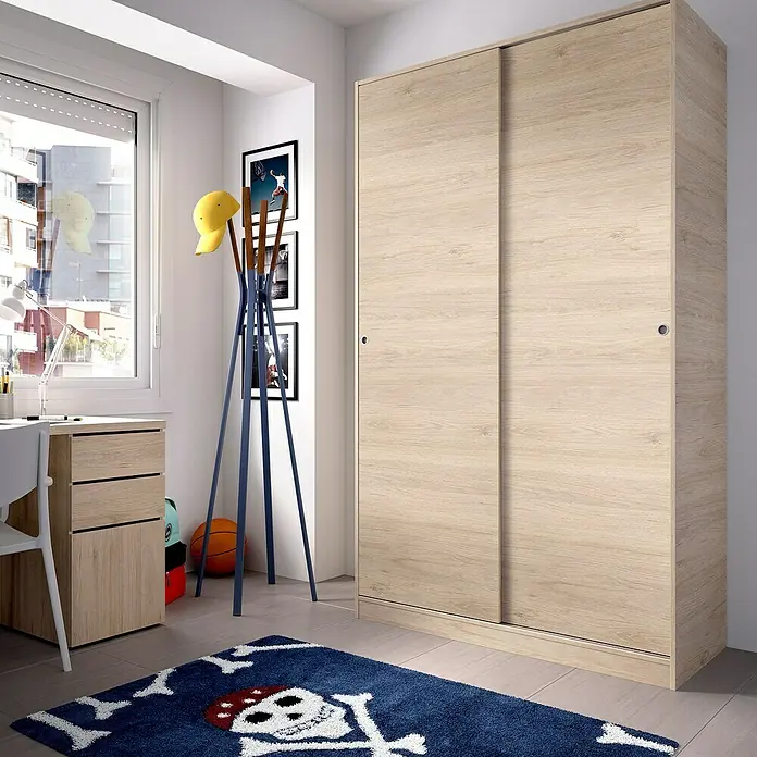 Dekit Armario de puertas correderas Slide Plus - L x An x Al: 50 x 120 x 204 cm, Natural - Armario moderno con puertas correderas en decoración de madera clara, ideal para una habitación juvenil elegante y ordenada.