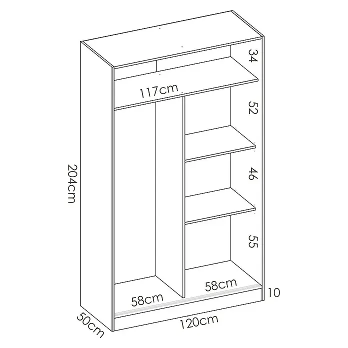 Dekit Armario de puertas correderas Slide Plus - L x An x Al: 50 x 120 x 204 cm, Blanco - Ilustración de un armario, que detalla sus dimensiones de altura, anchura y profundidad, incluyendo la disposición interior con estantes.