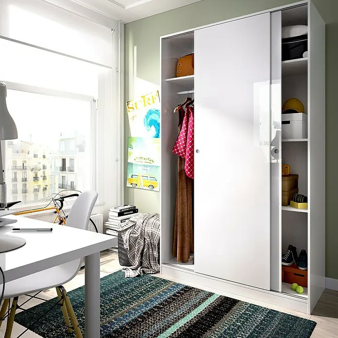 Dekit Armario de puertas correderas Slide Plus - L x An x Al: 50 x 120 x 204 cm, Blanco - Habitación moderna con un armario blanco de puertas correderas que proporciona espacio de almacenamiento y mejora el estilo. Ideal para cualquier hogar.