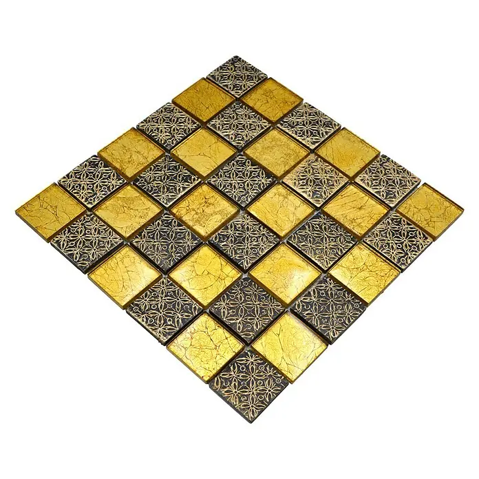 Mosaikfliese Quadrat Crystal Mix XCM 8OP7 - 30 x 30 cm, Gold, Glänzend - Goldfarbene und gemusterte Mosaikfliese für eine elegante und stilvolle Wandgestaltung.