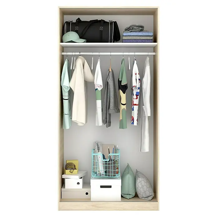 Dekit Armario de puertas correderas Slide Plus - L x An x Al: 50 x 100 x 204 cm, Natural - Un primer plano de un armario abierto con una selección de prendas de vestir, un bolso y cajas de almacenamiento decorativas.