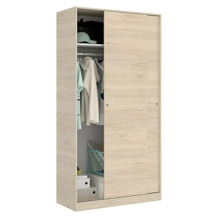 Dekit Armario de puertas correderas Slide Plus - L x An x Al: 50 x 100 x 204 cm, Natural - Un armario con puertas correderas, parcialmente abierto, que revela el interior con ropa y almacenamiento, ofreciendo una visión de su organización.