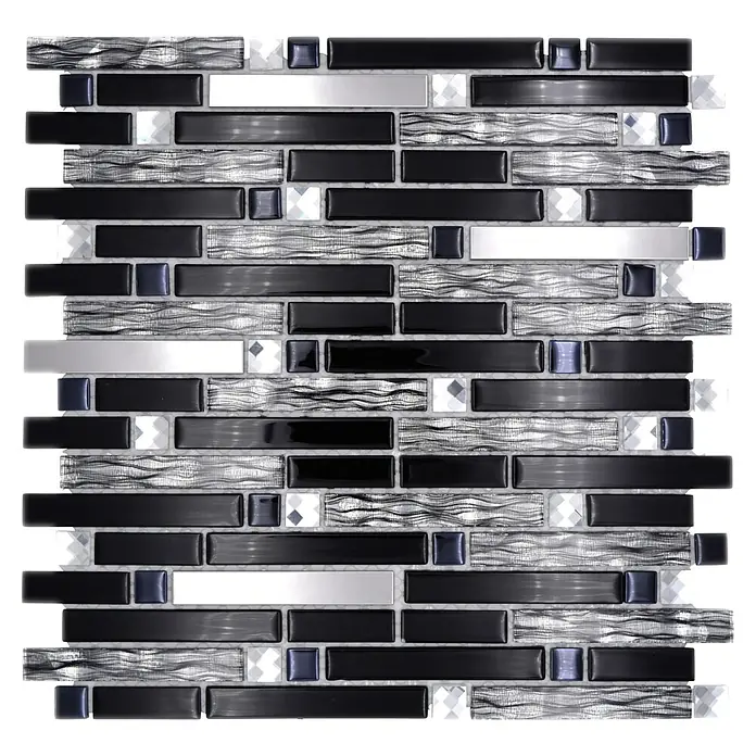 Mosaikfliese Verbund Crystal CM GV478 - 29,8 x 30,4 cm, Schwarz/Silber, Glänzend - Bild einer stilvollen Mosaikfliese in Schwarz, Silber und transparentem Kristall, ideal für moderne Raumgestaltung.