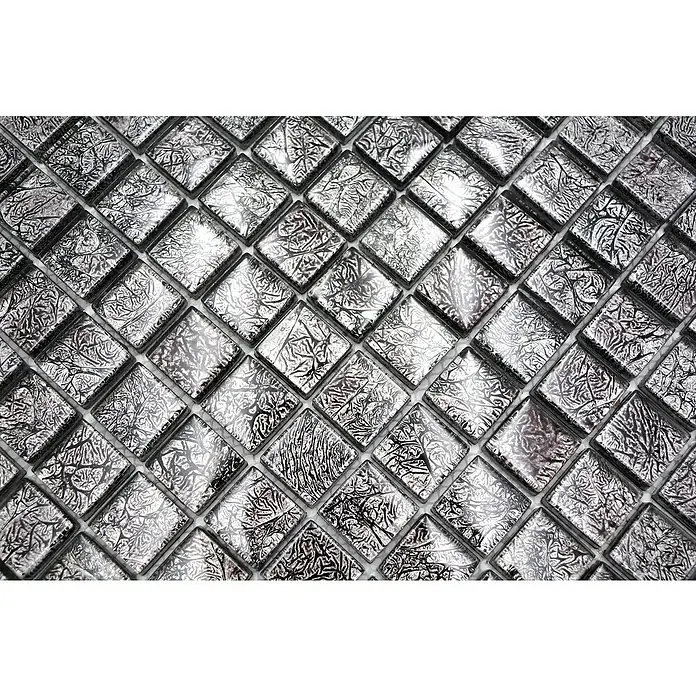 Mosaikfliese Quadrat Crystal Uni XCM 8BL17 - 30 x 30 cm, Schwarz, Glänzend - Nahaufnahme von silbernen Mosaikfliesen mit abstraktem Muster. Ideal für Wandverkleidungen und dekorative Projekte im Innenbereich.