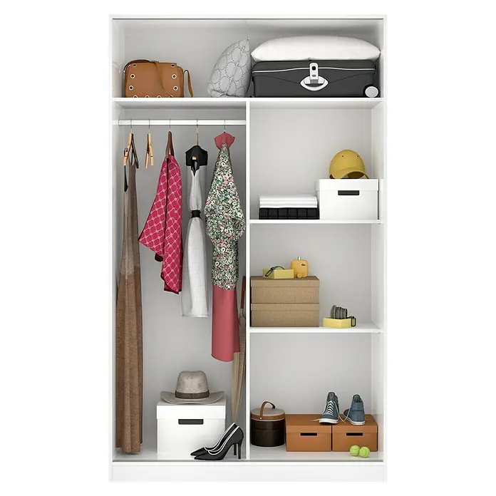 Dekit Armario de puertas correderas Slide Plus - L x An x Al: 50 x 120 x 204 cm, Blanco - Un armario bien organizado con ropa, equipaje y accesorios, ordenados en estantes y colgados en una barra.