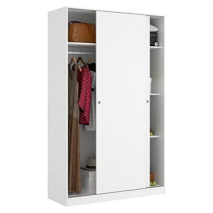 Dekit Armario de puertas correderas Slide Plus - L x An x Al: 50 x 120 x 204 cm, Blanco - Armario blanco con puertas correderas, revelando estantes organizados y ropa colgada.