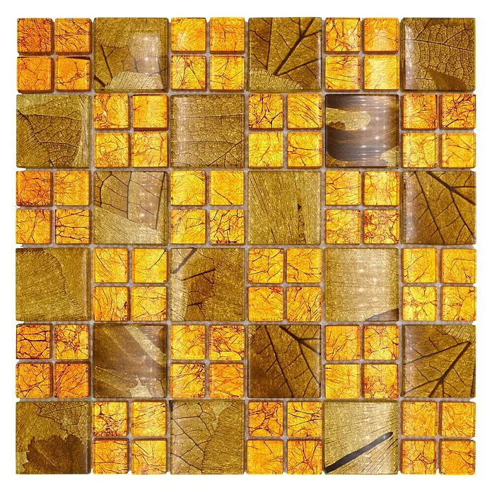 Mosaikfliese Crystal Desert XCM 8DSG - 30 x 30 cm, Gold, Glänzend - Quadratische Gold- und Orangetöne Mosaikfliesen mit Blattmuster.