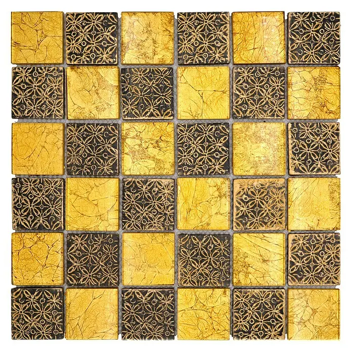 Mosaikfliese Quadrat Crystal Mix XCM 8OP7 - 30 x 30 cm, Gold, Glänzend - Quadratische Fliesen mit goldenen und schwarzen Mustern, ideal für stilvolle Wand- und Bodengestaltungen.