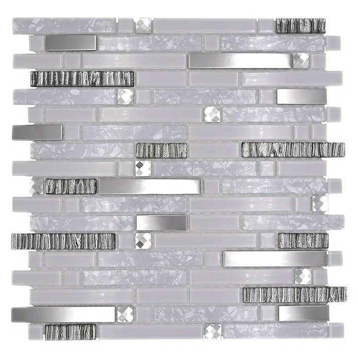 Mosaikfliese Verbund Crystal CM GV498 - 29,8 x 30,4 cm, Weiß/Silber, Glänzend - Nahaufnahme eines Musters aus weißen und silbernen Mosaikfliesen, das eine elegante Textur für moderne Innenräume bietet.