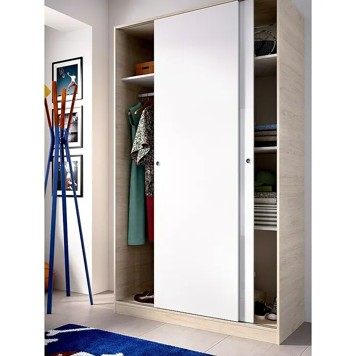 Dekit Armario de puertas correderas Slide Plus - L x An x Al: 50 x 120 x 204 cm, Blanco/Natural - Armario con puertas correderas y mucho espacio de almacenamiento.
