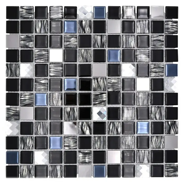 Mosaikfliese Quadrat Crystal Mix CM 426 - 30 x 30 cm, Schwarz/Silber, Glänzend - Nahaufnahme eines Mosaikfliesenmusters mit schwarzen, grauen, silbernen und blauen quadratischen Fliesen.