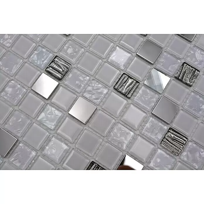 Mosaikfliese Quadrat Crystal Mix CM 424 - 30 x 30 cm, Weiß/Silber, Glänzend - Mosaikfliesenmatte in Weiß und Silber mit Glas-, Spiegel- und strukturierten Metallquadraten.