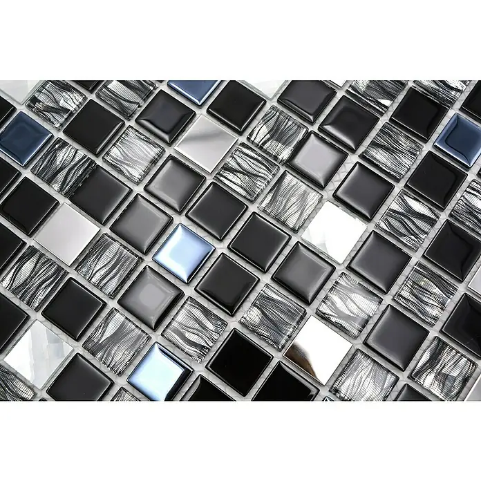 Mosaikfliese Quadrat Crystal Mix CM 426 - 30 x 30 cm, Schwarz/Silber, Glänzend - Nahaufnahme von quadratischen Mosaikfliesen in Schwarz, Weiß, Grau und Blau mit glänzenden Oberflächen, ideal für Wand- und Bodengestaltung.