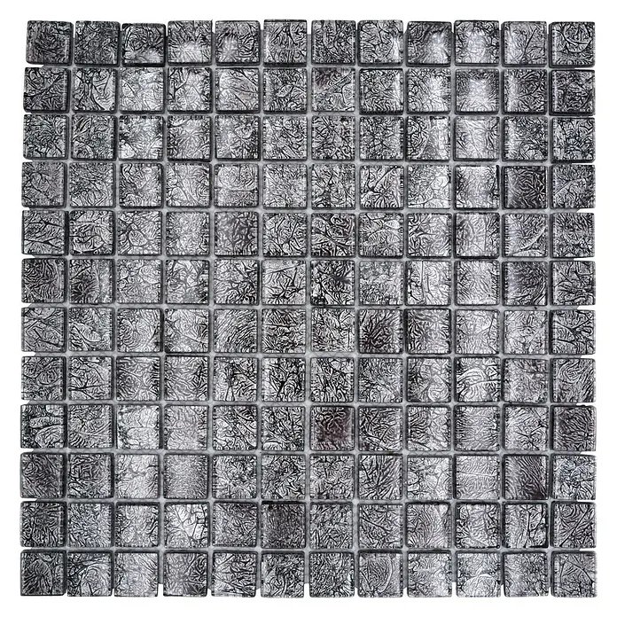 Mosaikfliese Quadrat Crystal Uni XCM 8BL17 - 30 x 30 cm, Schwarz, Glänzend - Quadratische Glasmosaikfliese mit abstrakten Baumzweigen, ideal für Küche oder Bad. Elegantes Design für moderne Räume.