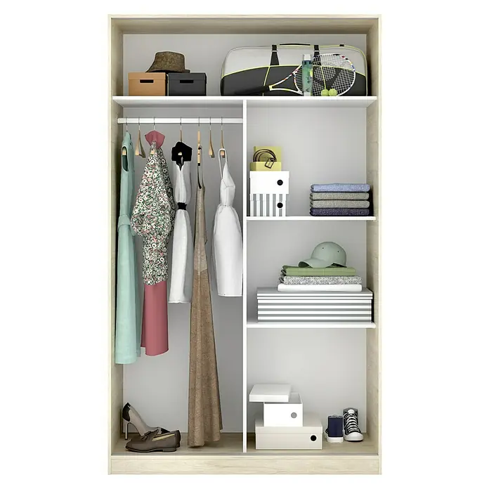Dekit Armario de puertas correderas Slide Plus - L x An x Al: 50 x 120 x 204 cm, Blanco/Natural - Una vista interior de un armario lleno de ropa, zapatos y accesorios como una bolsa de tenis y sombreros.