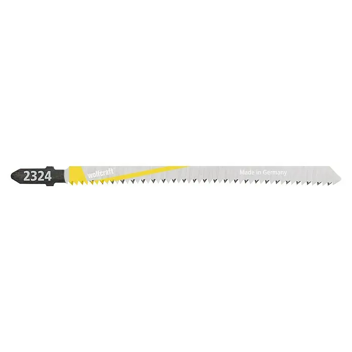 Wolfcraft Stichsägeblätter - T-Schaft, Schnittart: Fein - Abgebildet ist ein Wolfcraft Stichsägeblatt mit feiner Zahnung für präzise Schnitte, ideal für Holz und Kunststoff, gekennzeichnet mit "2324".