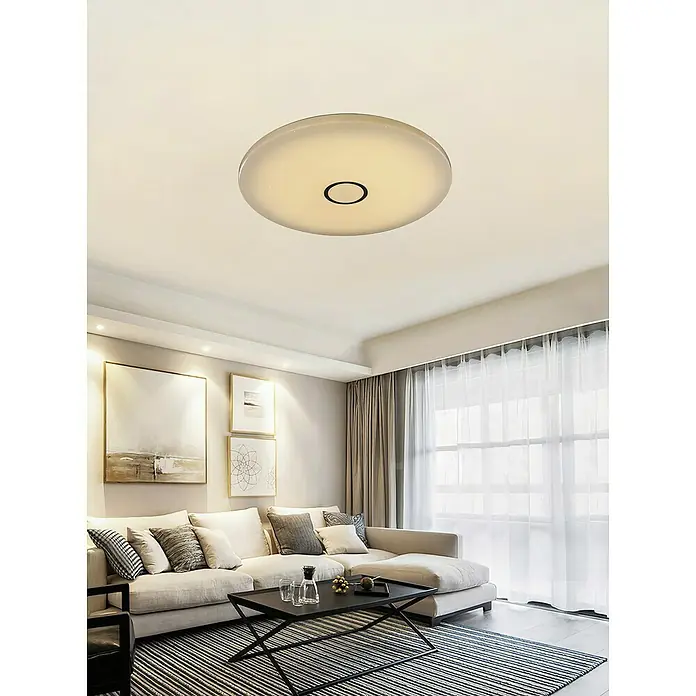 Tween Light Plafón LED redondo Skyler Flat - 55 W, Ø x Al: 74 x 10 cm, Blanco, Multicolor - Una lámpara de techo moderna con un diseño simple y redondo y un detalle negro en el centro, que ofrece una iluminación elegante.