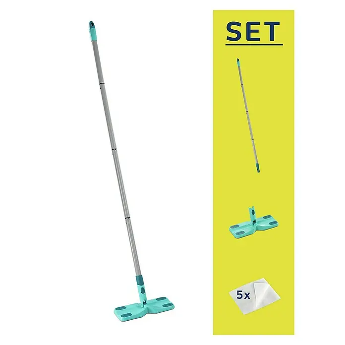 Leifheit Set de mopa atrapapolvos Clean & Away - Ancho: 22 cm - La imagen muestra un set de fregona, que incluye una fregona con mango, un cabezal de fregona y cinco paños de limpieza adicionales.