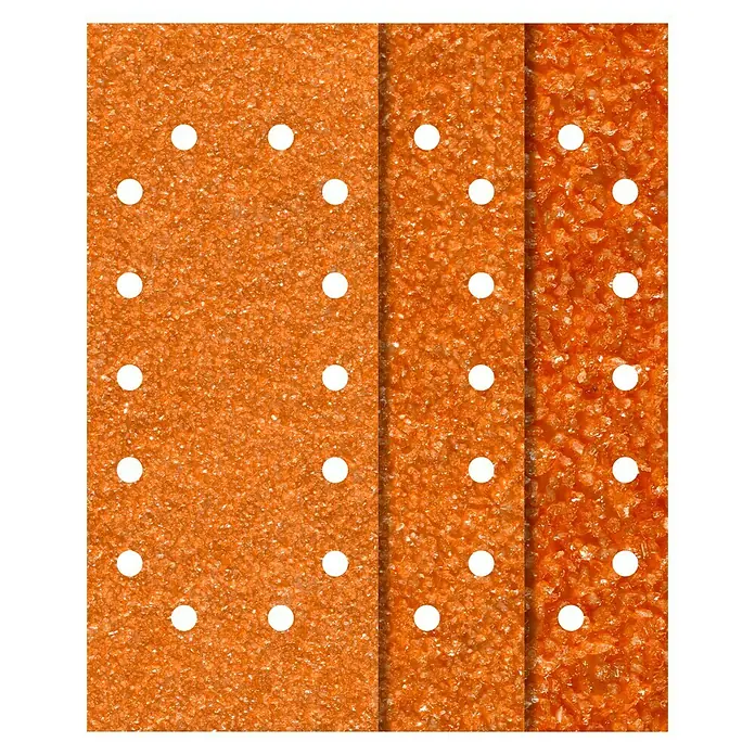 Wolfcraft Schleifstreifen Sparpack - 280 x 115 mm, 14 Löcher, 25 -tlg. - Nahaufnahme eines orangefarbenen Schleifpapiers mit schwarzen Markierungen, das die Textur und Körnung des Produkts hervorhebt.