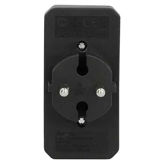 UniTEC Euro-Adapter - Schwarz, Anzahl Steckdosen Euro: 4 Stk., 1.250 W - Schwarzer Schutzkontakt-Steckdosenadapter mit der Aufschrift "16/250" und "Max. 2300W", ideal für den sicheren Anschluss von Geräten.