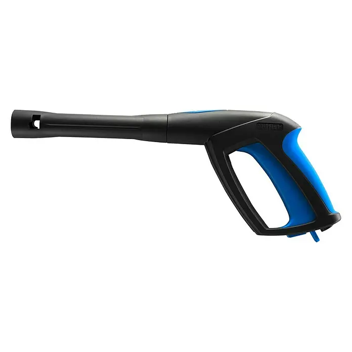 Nilfisk Pistole Power Grip - Druckverstellung - Eine schwarze und blaue Hochdruckreinigerpistole von Nilfisk vor schwarzem Hintergrund.