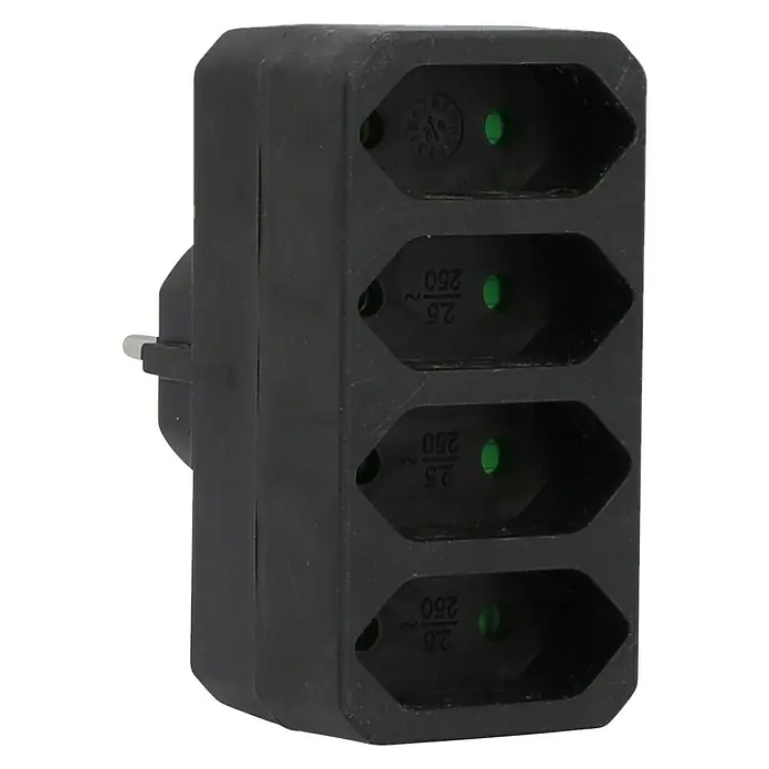 UniTEC Euro-Adapter - Schwarz, Anzahl Steckdosen Euro: 4 Stk., 1.250 W - Schwarzer Mehrfachstecker mit vier Steckdosen und einem Stecker für den Einsatz in deutschen Steckdosen.