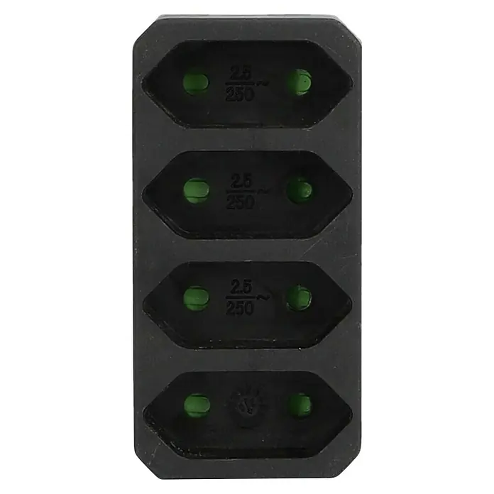 UniTEC Euro-Adapter - Schwarz, Anzahl Steckdosen Euro: 4 Stk., 1.250 W - Nahaufnahme einer Steckdosenleiste mit vier Schuko-Steckdosen, die jeweils mit 2,5 A und 250 V spezifiziert sind.
