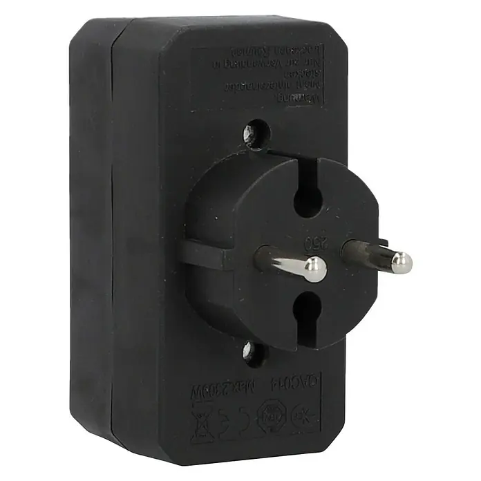 UniTEC Euro-Adapter - Schwarz, Anzahl Steckdosen Euro: 4 Stk., 1.250 W - Nahaufnahme eines schwarzen Schuko-Adapters, der die Details des Produkts und seine Funktionalität hervorhebt.