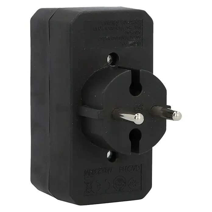UniTEC Euro-Adapter - Schwarz, Anzahl Steckdosen Euro: 4 Stk., 1.250 W - Nahaufnahme eines schwarzen Schuko-Steckers mit 250V und maximal 2300W Leistung, ideal für den Innenbereich.