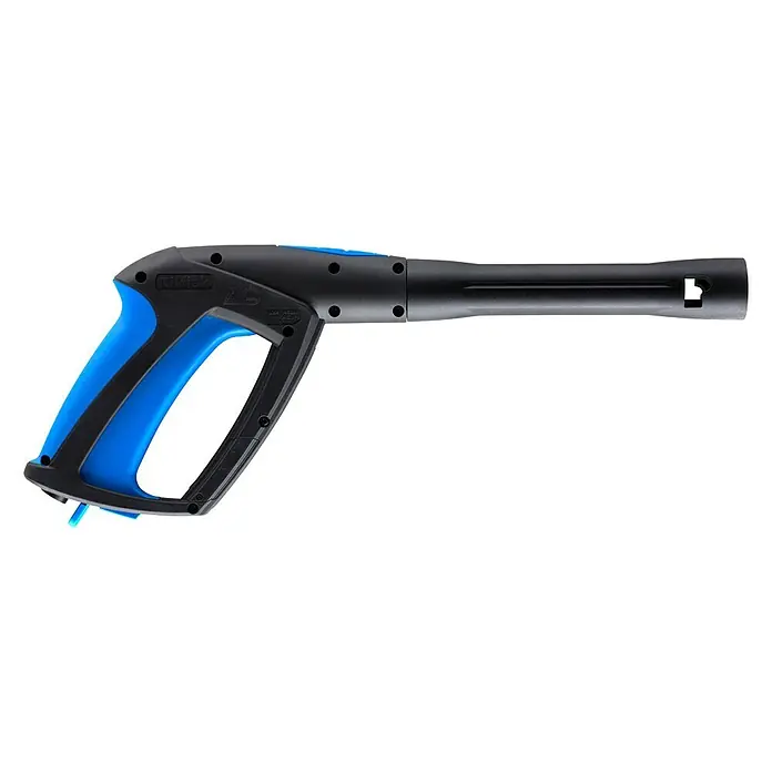 Nilfisk Pistole Power Grip - Druckverstellung - Diese Abbildung zeigt eine Hochdruckreinigungspistole mit blauem Griff und schwarzem Körper. Perfekt für Reinigungsarbeiten im Außenbereich.