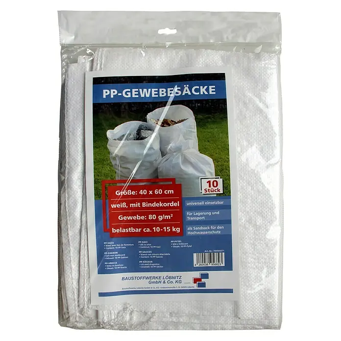 Gewebesack - 60 x 40 cm, Polypropylen, 10 Stk. - Produktfoto von PP-Gewebesäcke, 40 x 60 cm, weiß mit Bindekordel, 10 Stück, universell einsetzbar, für Lagerung und Transport.