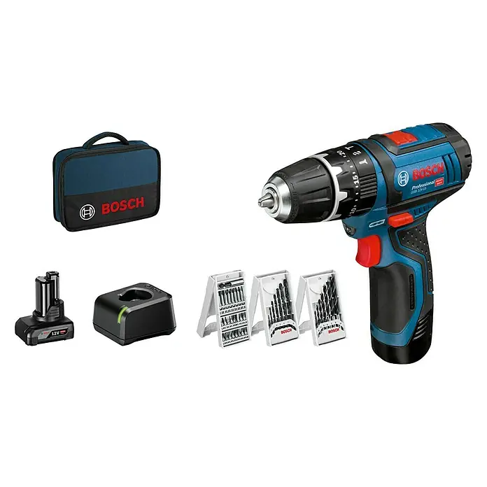 Bosch Professional Akku-Schlagbohrschrauber GSB 12V-15 - 12 V, 2 Akkus, 2 Ah - 4 Ah, 30 Nm, 2 Akkus + Ladegerät + 25-tlg. Bit-Set/14-tlg. Bohrer-Set + Tasche - Bosch Professional Akku-Bohrschrauber GSB 12V-15 mit Zubehör, inklusive Akku, Ladegerät, Bit-Set und Transporttasche.
