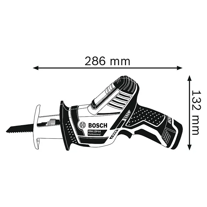 Bosch Professional Akku-Säbelsäge GSA 12V-14 - 12 V, Li-Ionen, 2 Akkus, 3 Ah - Abbildung der Bosch GSA 12V-14 Professional Akku-Säbelsäge mit Maßangaben. Das Werkzeug ist kompakt und für den professionellen Einsatz konzipiert.