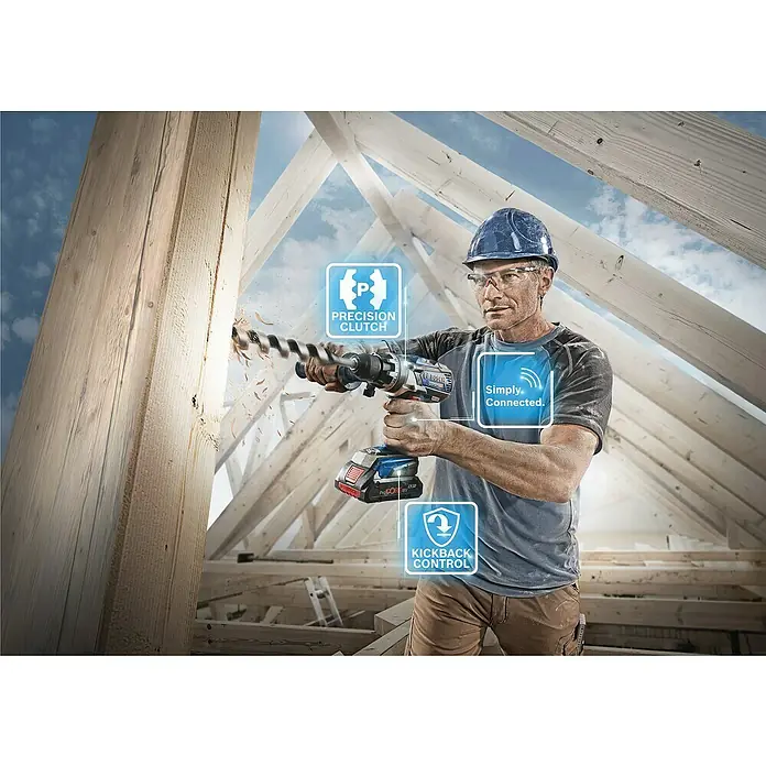 Bosch Professional AMPShare 18V Akku-Bohrschrauber GSR 18V-110 C - 18 V, 2 Akkus, 4 Ah, 110 Nm, Inkl. Koffer - Handwerker bohrt mit einem Bosch-Akkubohrer ein Loch in ein Holzstück, beworben mit "Precision Clutch" und "Kickback Control".