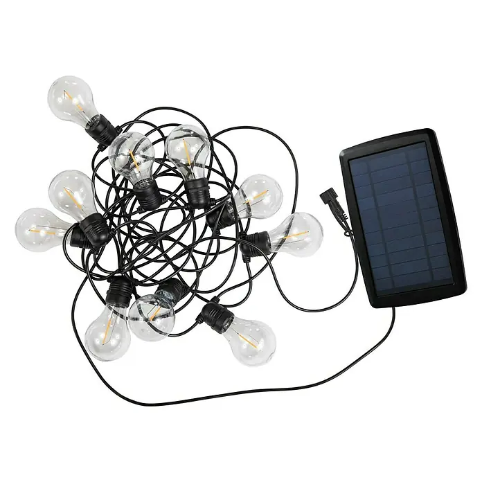 New Garden Lámpara decorativa solar y barra decorativa Allegra - Negro, Redonda, 10 ud. - Guirnalda de luces solares con bombillas claras y cable negro, perfecta para uso exterior. Iluminación decorativa con panel solar para energía ecológica.