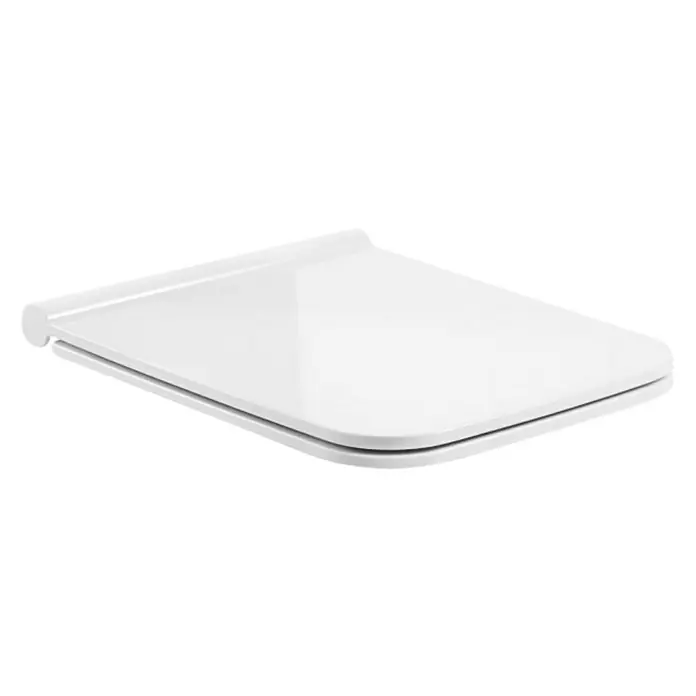 Roca Pure Tapa de WC - Plástico, Blanco, Con caída amortiguada - Esta imagen muestra un asiento de inodoro blanco con un diseño limpio. El foco está en la forma lisa y el acabado brillante.