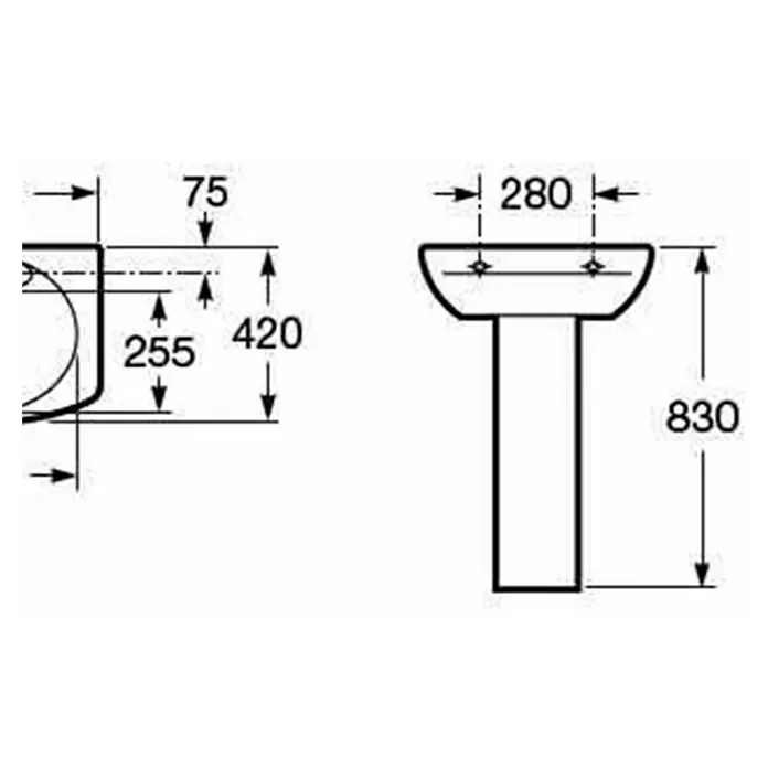 Roca Lavabo Eos - An x L: 55 x 42 cm, Sin, Con desbordamiento, Blanco - Diagrama con las dimensiones de un lavabo con pedestal, que proporciona el ancho, la altura y la profundidad.