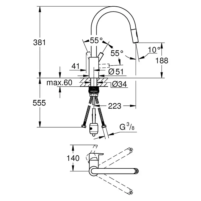 Grohe QuickFix Feel Grifo de cocina - Profundidad del grifo: 223 mm, Cromo, Brillante - Un dibujo técnico de un grifo de cocina con medidas y ángulos, que muestra las dimensiones y los detalles del producto.