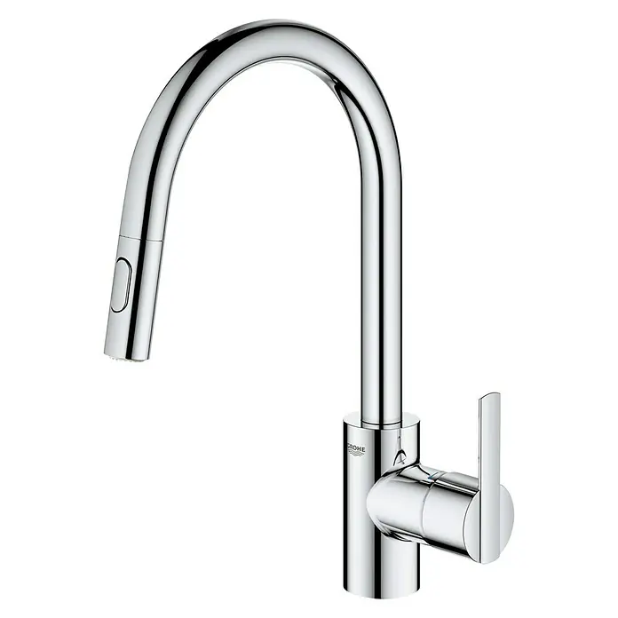 Grohe QuickFix Feel Grifo de cocina - Profundidad del grifo: 223 mm, Cromo, Brillante - Primer plano de un brillante grifo de cocina Grohe que combina diseño moderno y funcionalidad. Perfecto para cualquier cocina moderna.