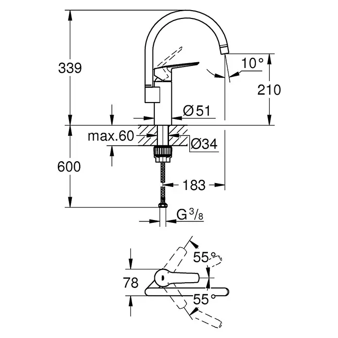 Grohe QuickFix Grifo de cocina Start 2021 - Profundidad del grifo: 183 mm, Cromo, Brillante - Dibujo técnico de un grifo con dimensiones, mostrando la altura, el alcance del caño y la longitud del mango. Ideal para la planificación del baño.