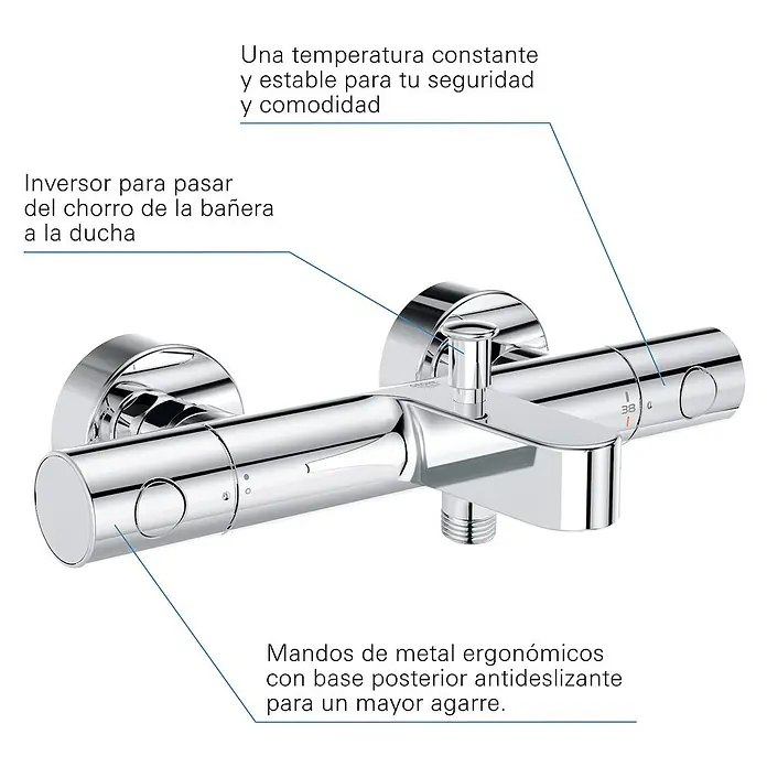 Grohe Precision Get Grifo termostático de bañera - Cromo - Grifo termostático de ducha cromado con mandos de metal ergonómicos y base antideslizante.