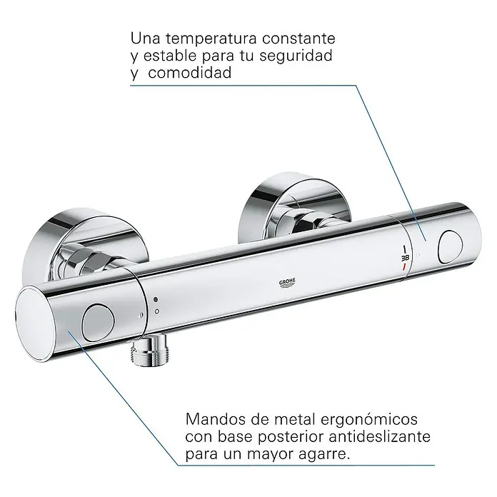 Grohe Precision Get Grifo con termostato - Ancho: 29,8 cm, Cromo, Resplandeciente - Primer plano de un mezclador termostático de ducha Grohe cromado, que garantiza una temperatura del agua constante y segura.